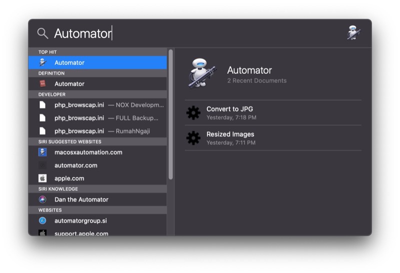 spotlight search untuk automator